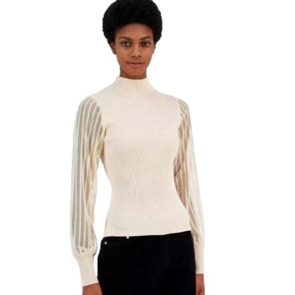 Madden Girl Juniors’ Ribbed Woven‑Sleeve Mock‑Neck Sweater Beige Small NWT